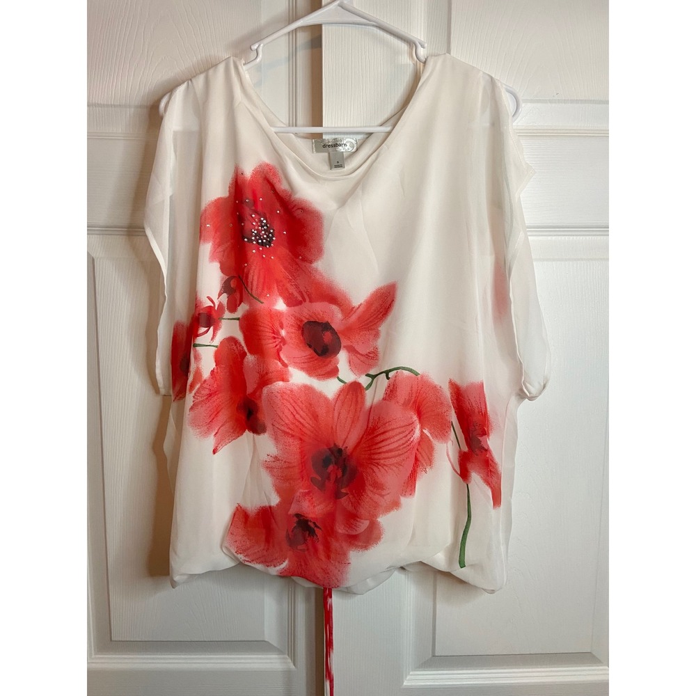 Dressbarn White Red Floral Orchid Cold Shoulder Bubble Hem Blouse Small
